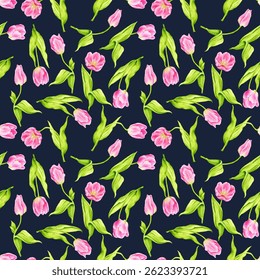 Seamless pattern with spring flowers on a blue background. Delicate watercolor tulips. Spring, Mother's Day, Easter, Women's Day, Birthday. Background for cards, posters, wrapping paper, wallpaper.
