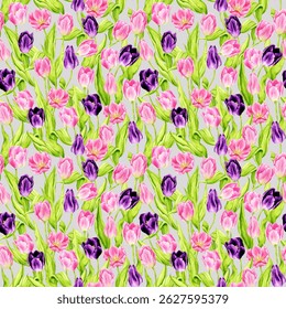 Seamless pattern with spring flowers on a gray background. Delicate watercolor tulips. Spring, Mother's Day, Easter, Women's Day, Birthday. Background for cards, posters, wrapping paper, wallpaper.
