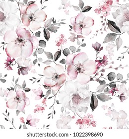 Seamless pattern with spring pink  flowers and leaves. Hand drawn background.  floral pattern for wallpaper or fabric. Flower rose. Botanic Tile.