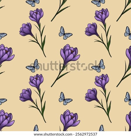 Seamless Pattern of Spring Purple Crocuses in Small Design with Butterflies on Pastel Yellow Background for Decorative Uses