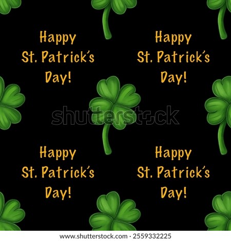 Seamless Pattern St. Patrick’s Day with Shamrock Small Orange Text on Black Background