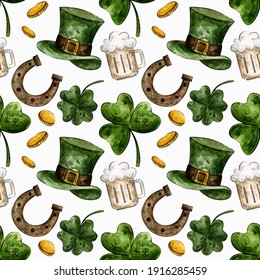 seamless pattern for st patrick's day. clover, hat, horseshoe, beer, gold.