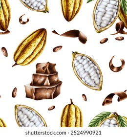 Seamless pattern with stack pieces of chocolate, open cocoa pod, fruit. Beans. Hand drawn realistic organic superfood watercolor illustration isolated on background. For designers, packaging design, m