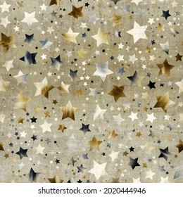 Seamless Pattern Of Star Motif In Intricate Colors And Texture. High Quality Illustration Great For Kids Bedroom Or Textiles. Luxury Glittering Detailed Starry Night Textile Print For Surface Design