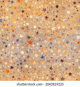 Seamless Pattern Of Star Motif In Intricate Colors And Texture. High Quality Illustration Great For Kids Bedroom Or Textiles. Luxury Glittering Detailed Starry Night Textile Print For Surface Design