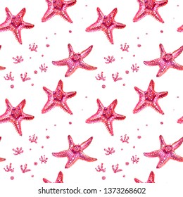 Seamless pattern with starfish and algae. Starfish is drawn by hand with colored pencils. Isolated pink starfish on a white background. Summer sea concept.