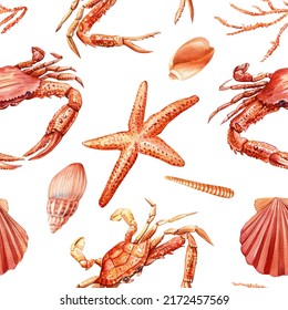 Seamless Pattern With Starfish, Crab, Shells. Nautical Background For Wallpaper. Watercolor Illustration