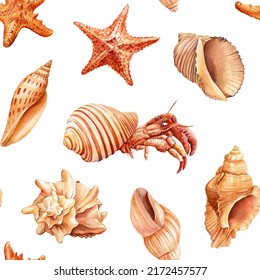 Seamless Pattern With Starfish, Crab, Shells. Nautical Background For Wallpaper. Watercolor Illustration