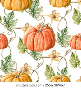 Seamless pattern with stems and pumpkin on a white background. Watercolor illustration on a plant theme for the design of farm product packaging, printing on fabric and wallpaper, and culinary blogs.