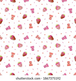 Seamless Pattern With Strawberries In Chocolate And A Pink Glass For Coffee With Hearts Design For Valentines Day Menu, Scrapbooking, Gift Bag. Romantic Coffee Cup, Heart, Chocolate Strawberry Fondue