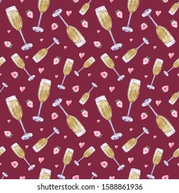 Seamless pattern with strawberry and champagne glasses. Romantic background. Valentine's Day hand-drawn watercolor illustration.