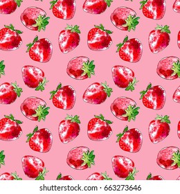 Seamless pattern of a strawberry. Image of a summer berries. Watercolor hand drawn illustration.Purple background. - Shutterstock ID 663273646