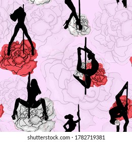 Seamless pattern strip plastic, pole dance on a background of roses. Rose pattern, dance, girls, strip plastic, blank for designer, icon, banner