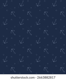 Seamless pattern of stylized anchors and small dots on a dark navy blue background, evoking a nautical theme.