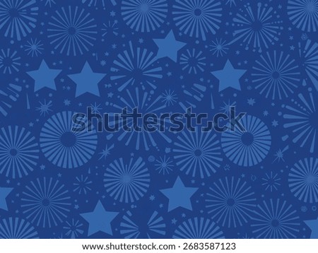 A seamless pattern of stylized blue fireworks bursts and stars on a darker blue background, creating a festive and celebratory design.