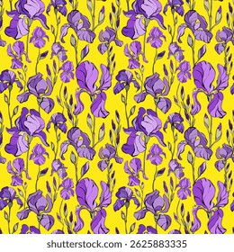  Seamless pattern of stylized iris flowers on a yellow background. Suitable for printing on fabric for women's clothing, silk scarves, stoles, posters,wallpapers, backgrounds, cards, napkins, totobag