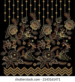 Seamless pattern with stylized ornamental flowers in retro, vintage style.Embroidery imitation. Colored illustration on black background.