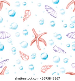 A seamless pattern with stylized shells, starfish, and bubbles. Watercolor illustration in a childish style for designing children's rooms, pools, play areas, and printing on clothing, fabric