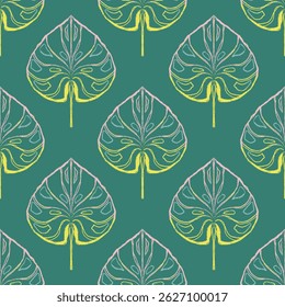 Seamless pattern of stylized simple monstera leaves on a green background, in a row with a fold,design in a minimalist linear outline simple style.For printing,fabric,towels,wrapping paper,postcards.