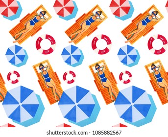 Seamless pattern with summer beach scene. Hand drawn watercolor illustration with woman on chaise-longue and parasols. Bird's-eye view on white background