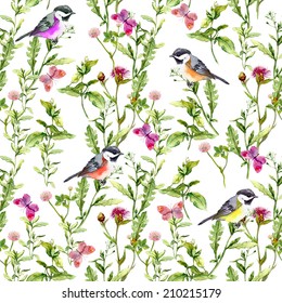 Seamless pattern with summer herbs and birds. Watercolor