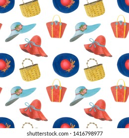 Seamless pattern, summer holiday set. Watercolor hand drawn summer swimwear set illustration. Painted swimsuit set with accessories background.