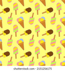 Seamless Pattern With Sundae Ice Cream And Popsicle Drawing In Flat Style