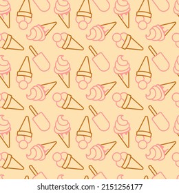 Seamless Pattern With Sundae Ice Cream And Popsicle Drawing In Outline Style