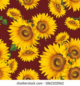 Seamless pattern with sunflower on background. Collection decorative floral design elements. Flowers, buds and leaf hand drawn