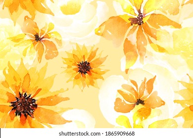 Seamless pattern of sunflower painted with watercolors on yellow background.Designed for fabric luxurious and wallpaper, vintage style.Hand drawn floral pattern illustration.