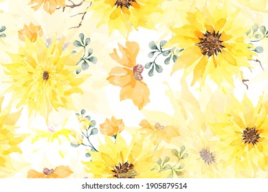Seamless pattern of sunflower painted with watercolors.Designed for fabric luxurious and wallpaper, vintage style.Hand drawn floral pattern illustration.