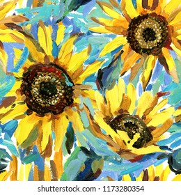 Seamless pattern with sunflowers. impressionism painting background. summer field watercolor illustration