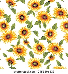 Seamless pattern with sunflowers and leaves. On a white background. Beautiful sunflower seamless pattern, yellow flower, Summer pattern of sunflowers. Yellow flowers on a white background. - Powered by Shutterstock