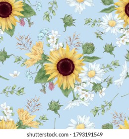 Seamless pattern of sunflowers and wildflowers in digital watercolor style
