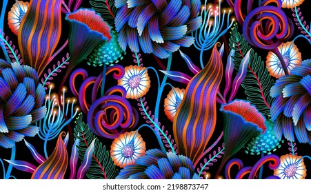 Seamless Pattern With Surreal Psychedelic Plants. Trippy Botanical Background.