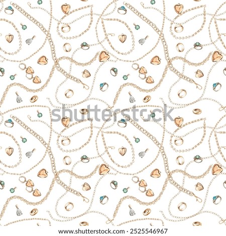 Seamless pattern of tangled chains, pendants, rings, bracelets on a white background. Watercolor illustration for gift wrap design, fabric printing, window dressing and headbands