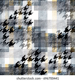 Seamless pattern tartan design. Creative background with stripes, houndstooth elements and watercolor effect. Textile print for bed linen, jacket, package design, fabric and fashion concepts.