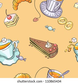 Seamless pattern with a tea cups and sweets