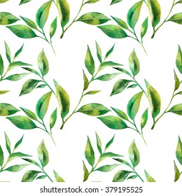 Seamless Pattern With Tea Leaves Watercolor