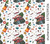 Seamless pattern with teapot and different sweets.