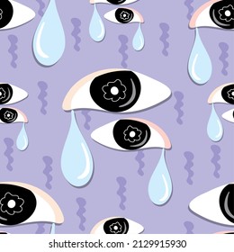 Seamless Pattern Of Tear Cry Eyes On Violet Background. Isolated Vector Illustration. Two Eyes With Tears Drop.
