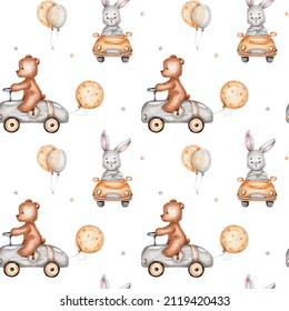 Seamless pattern with teddy bear and bunny in car, balloons and stars; watercolor hand drawn illustration; with white isolated background