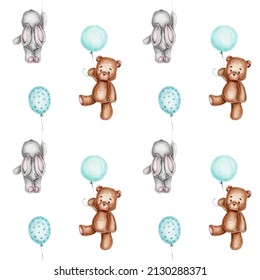 Seamless pattern with teddy bear, bunny and blue balloons; hand drawn illustration; with white isolated background
