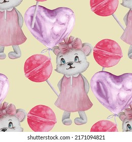 Seamless pattern with teddy bear. A painted animal surrounded by balloons. Drawing with cartoon cute pet. Illustration of a raspberry lollipop. Handmade watercolor for printing paper, fabric, surface