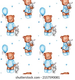 Seamless pattern with teddy bears, bunnies and blue balloons; watercolor hand drawn illustartion; with white isolated background