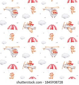 Seamless pattern with teddy bears flying in a helicopter, in a airplane and parachute; watercolor hand draw illustration; with white isolated background