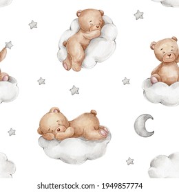 Seamless pattern with teddy bears on clouds, moon and stars; watercolor hand drawn illustration; with white isolated background