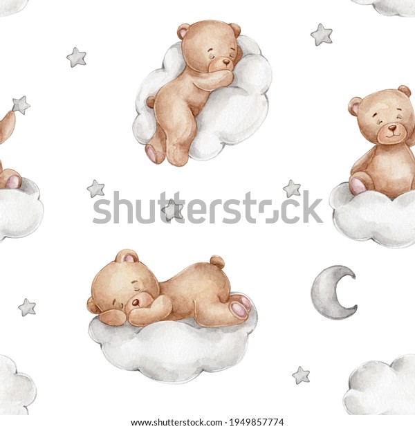 Seamless pattern with teddy bears on clouds, moon and stars; hand drawn water color illustration; with isolated white background.
