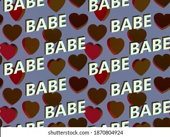 Seamless pattern. Text babe and pink brown hearts on lilac background. 3D-rendering