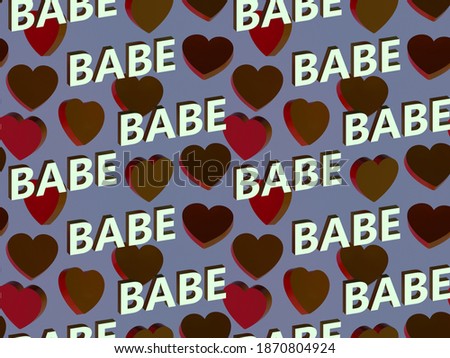 Seamless pattern. Text babe and pink brown hearts on lilac background. 3D-rendering